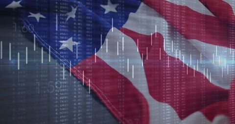 American Flag Waving Behind Stock Market Candlestick Charts and Financial Data Overlay