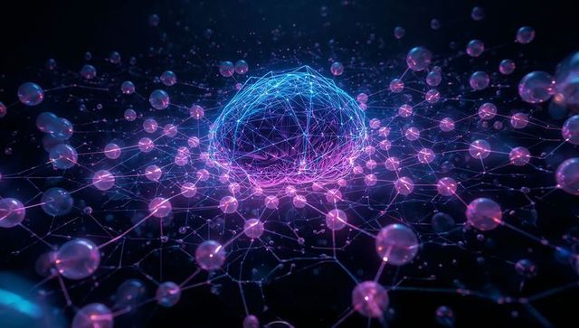 Neon Wireframe Brain Hovering Over Glowing Neural Network of Purple Nodes and Mesh Filaments