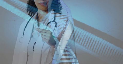 Midadult doctor pointing at projected spine scan stethoscope double exposure medical concept