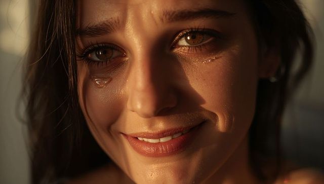 Smiling woman shedding tears in warm golden hour light closeup emotional portrait