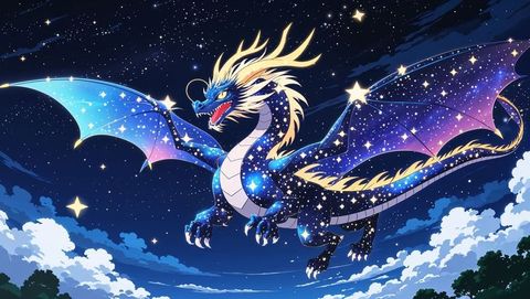 Celestial anime dragon gliding majestically through starlit sky