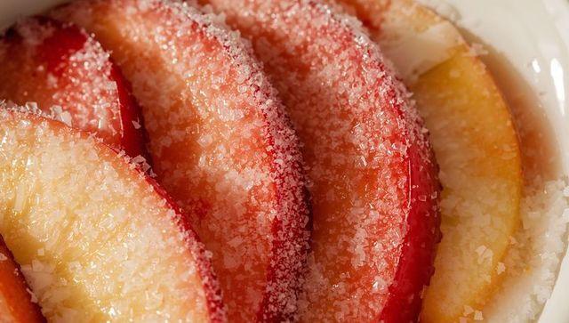 Glittering sugared peach slices bathing in syrup, macro food styling for dessert
