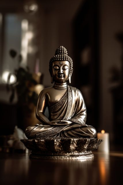 Buddha statue on wooden surface and lit candle, created using generative ai technology. Buddha, buddhism, religion and tradition concept digitally generated image.