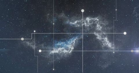 Cosmic circuitry: s-shaped blue-white nebula connecting futuristic grid and glowing nodes
