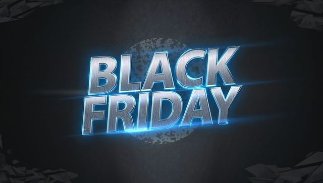Cinematic Metallic Black Friday Neon Headline with Blue Glow, Shards and Dynamic Light Streaks