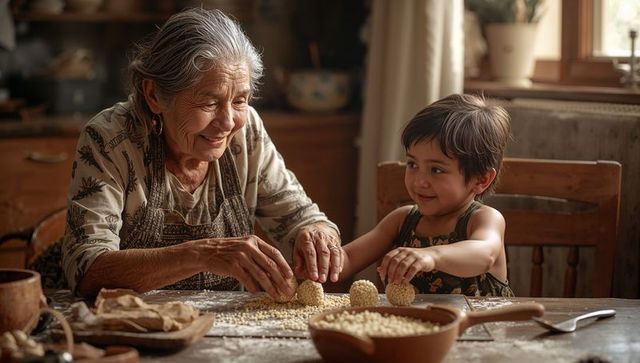 Grandmother teaching grandchild rolling dough in rustic kitchen sharing family tradition