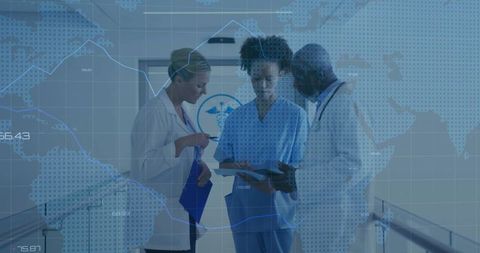 Medical team reviewing patient chart with global data overlay and healthcare analytics