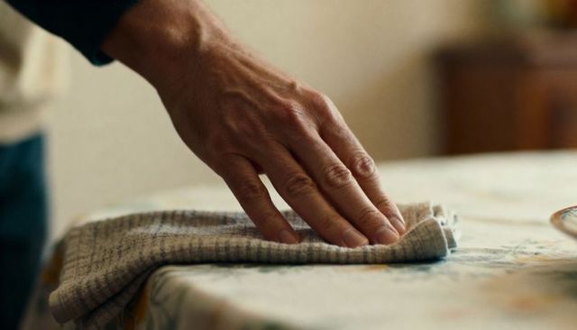 Smoothing tablecloth with folded linen cloth by adult right hand showing veins and warm kitchen ligh