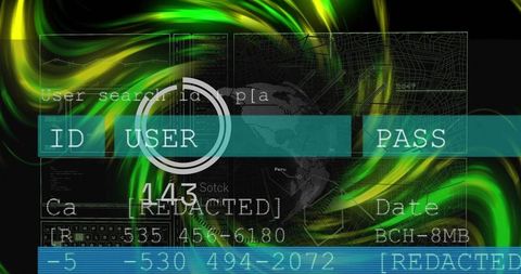 Scanning cybersecurity hud user id and redacted password overlay on digital world map
