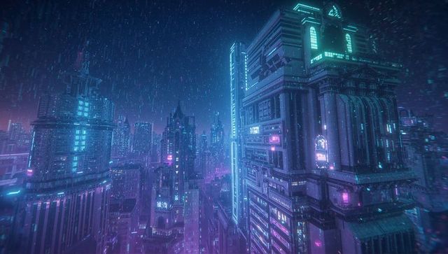 Cyberpunk Futuristic Cityscape with Neon Lights During Rain