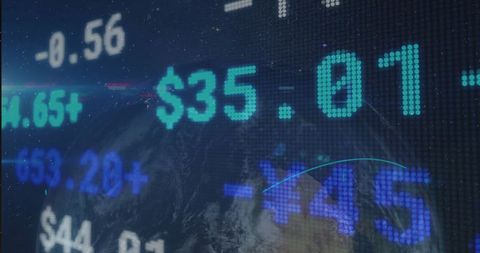 Digital stock market ticker with globe and financial data overlay