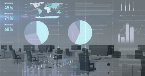 Digital Financial Data Animation Over Futuristic Workplace
