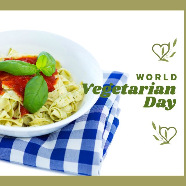 Promotional material for World Vegetarian Day featuring a white bowl of pasta with basil leaves and tomato sauce on checkered cloth. Perfect for websites, articles, social media posts about vegetarianism, healthy recipes, food events, and promoting plant-based diets.