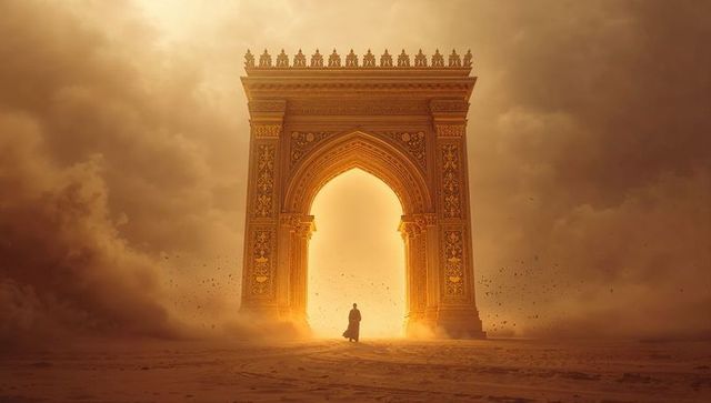 Majestic golden archway in desert with lonely traveler