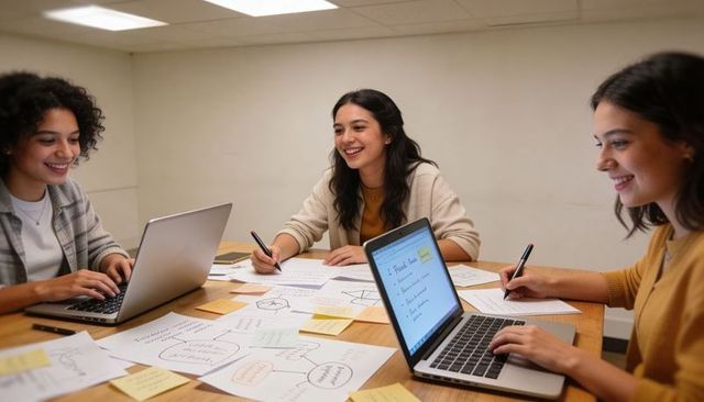 Three students collaborating on group study with laptops, sticky notes and sketches