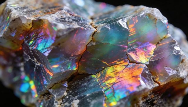 Iridescent opalized mineral displaying kaleidoscopic prismatic colors and faceted layers
