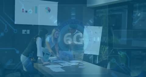 Diverse Tech Team Planning with Futuristic 6G Illustrations