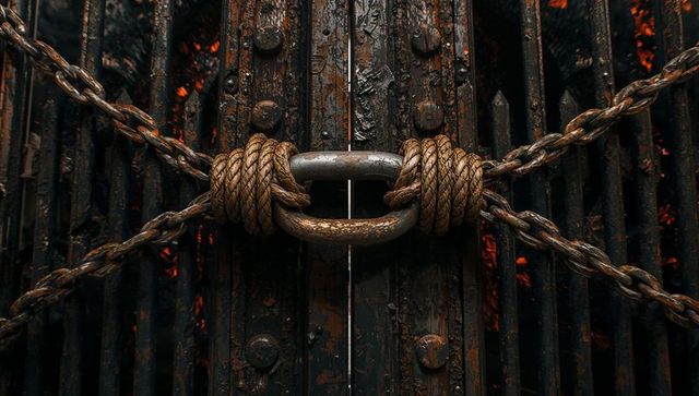 Corroded shackle and thick rope securing chains across industrial gate with ember glow