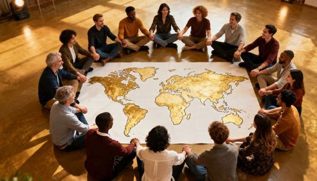 Diverse team holding hands around gold world map in collaborative workshop circle