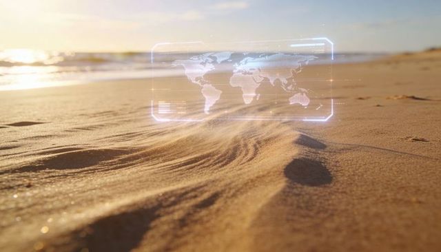 Holographic world map projecting over wind-swept beach sand at sunset hud ar overlay