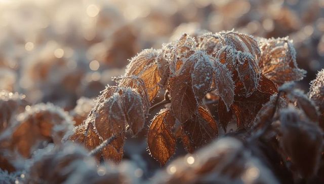 Frost-Covered Leaves in Dawn Light Capturing Winter Elegance