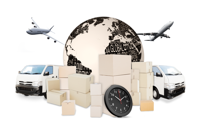 Transparent Logistics Illustration with Globe, Vehicles, Boxes, and Work Clock - Download Free Stock Videos Pikwizard.com