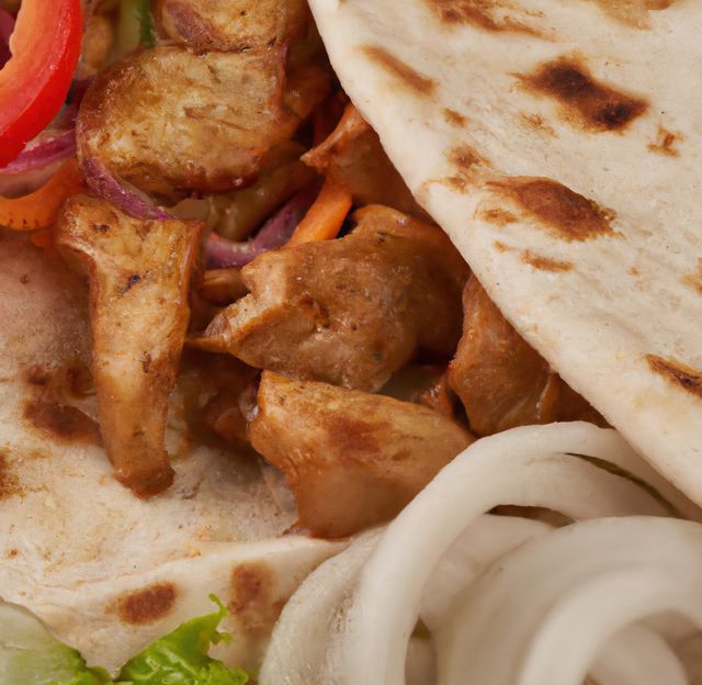 Close up of kebab meat in pita bread. Food, traditional dish, fresh and health concept.