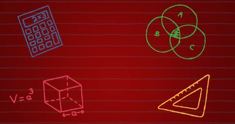 Colorful school icons on red blackboard background