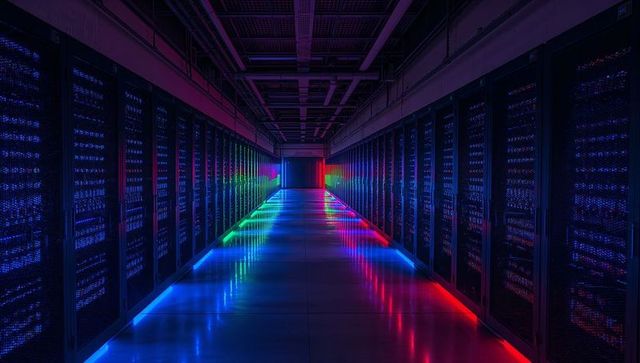 Neon-Lit Data Center Aisle Showing Symmetrical Server Racks and Colorful LED Reflections