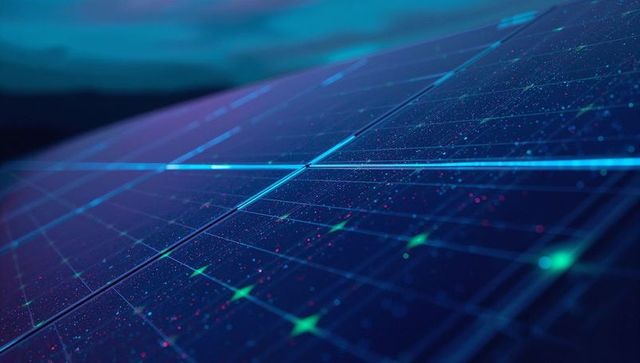 Ai-enhanced glowing photovoltaic solar panel at dusk