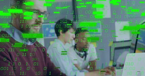 Diverse team in tech with binary data overlay