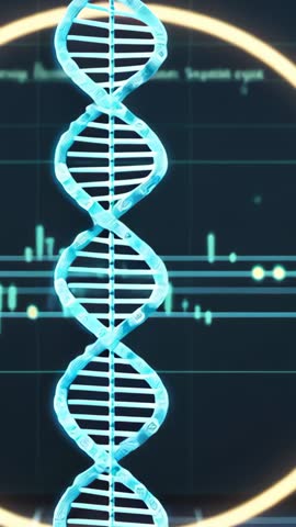 Vertical 3D DNA helix rotating with pulsing ring and waveform on futuristic lab display