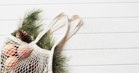 Inspirational idea for a Christmas-themed setup using a reusable shopping bag to carry pine branches and festive decorations against a classic whitewood backdrop. Great for eco-conscious holiday decorating tips, sustainable lifestyle promotions, or creating minimalist holiday scenes.