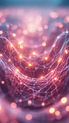 Vertical video pushing through glowing mesh network with pulsing nodes and bokeh lights