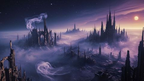 Mystical gothic ruins in luminous mist and moonlit sky of the apocalypse aftermath