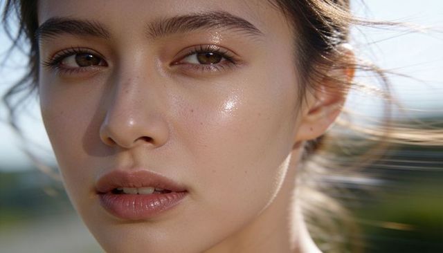 Young woman face closeup showing dewy skin natural makeup wearing stud earring outdoors