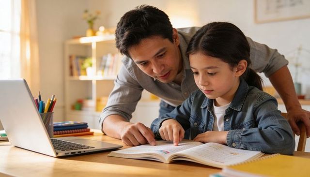 Father tutoring daughter at home using workbook and laptop for focused learning