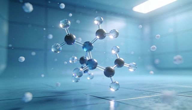 Rotating glasslike molecular model hovering in futuristic lab with reflective bonds