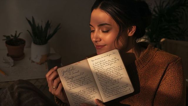 Cozy evening journaling woman holding gratitude journal in warm golden sunlight glow