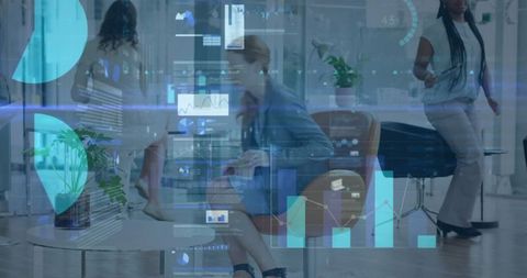 Business professionals interacting with transparent financial data displays