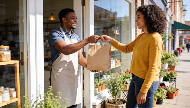 Smiling apron-clad clerk handing brown bag to customer in yellow sweater outside shop