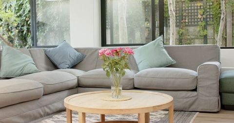 Minimalist living room with cozy sofa and pink roses