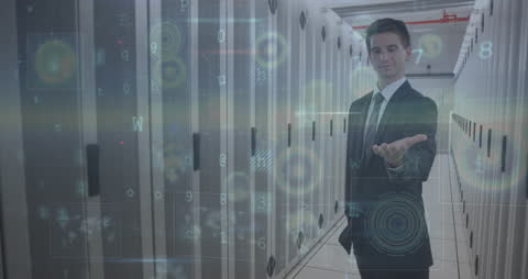 Businessman Collaborating in a Futuristic Digital Data Center
