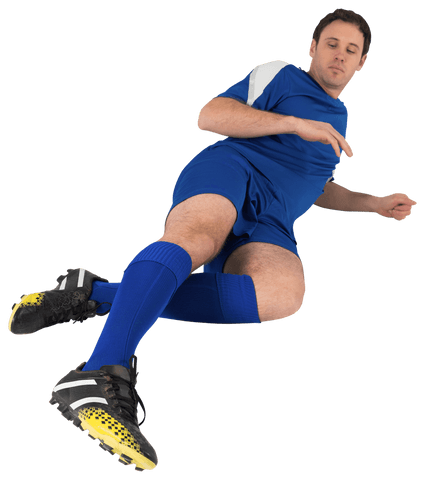 Dynamic Soccer Player in Blue Kicking on Transparent Background