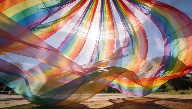 Billowing rainbow canopy casting vibrant color bands over sunlit park pathway