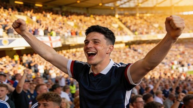 Young football fan celebrating victory in packed stadium during golden hour