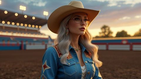 Cowgirl in western attire in rodeo arena during sunset