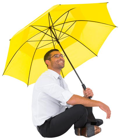 Businessman Sitting Under Colorful Yellow Transparent Umbrella
