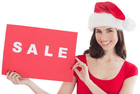 Happy Caucasian Woman Holding Sale Banner Transparent Background