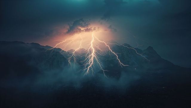 Dramatic Lightning Strike Over Mountain Ridge at Dusk